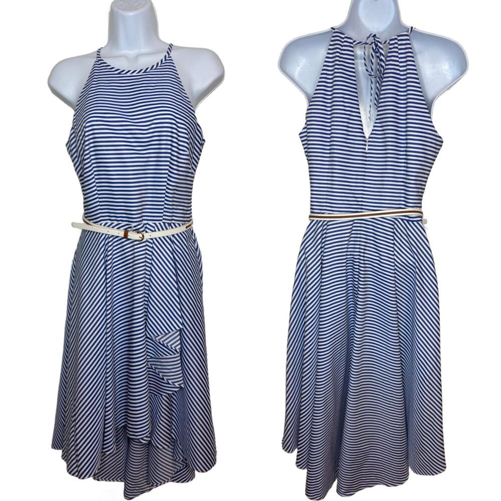 Eliza J. Women's Sz 2 Belted High Low Blue/White Striped Dress (1891)